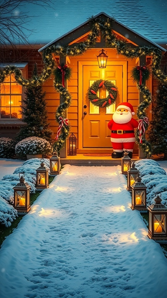 A festive outdoor Christmas decoration scene with lights, wreath, and inflatable Santa.